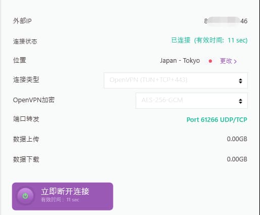 成功连接到 PrivateVPN